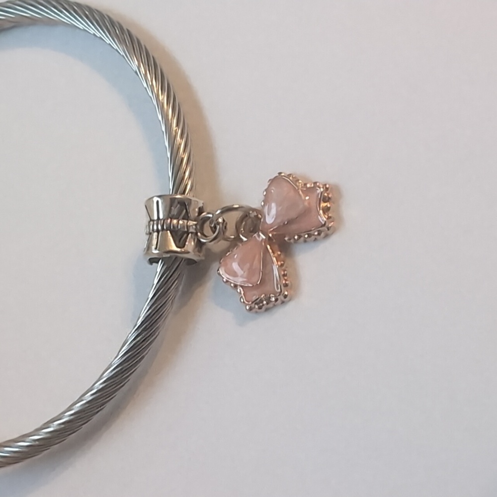 Gold‎ Plated with Pink Bow Dangle Charm for Pandora Style Bracelet